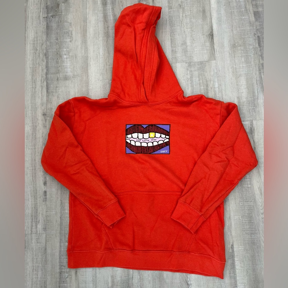 OBEY WORLDWIDE Orange Long Sleeve Sweatshirt Hoodie with Graphics Size Medium